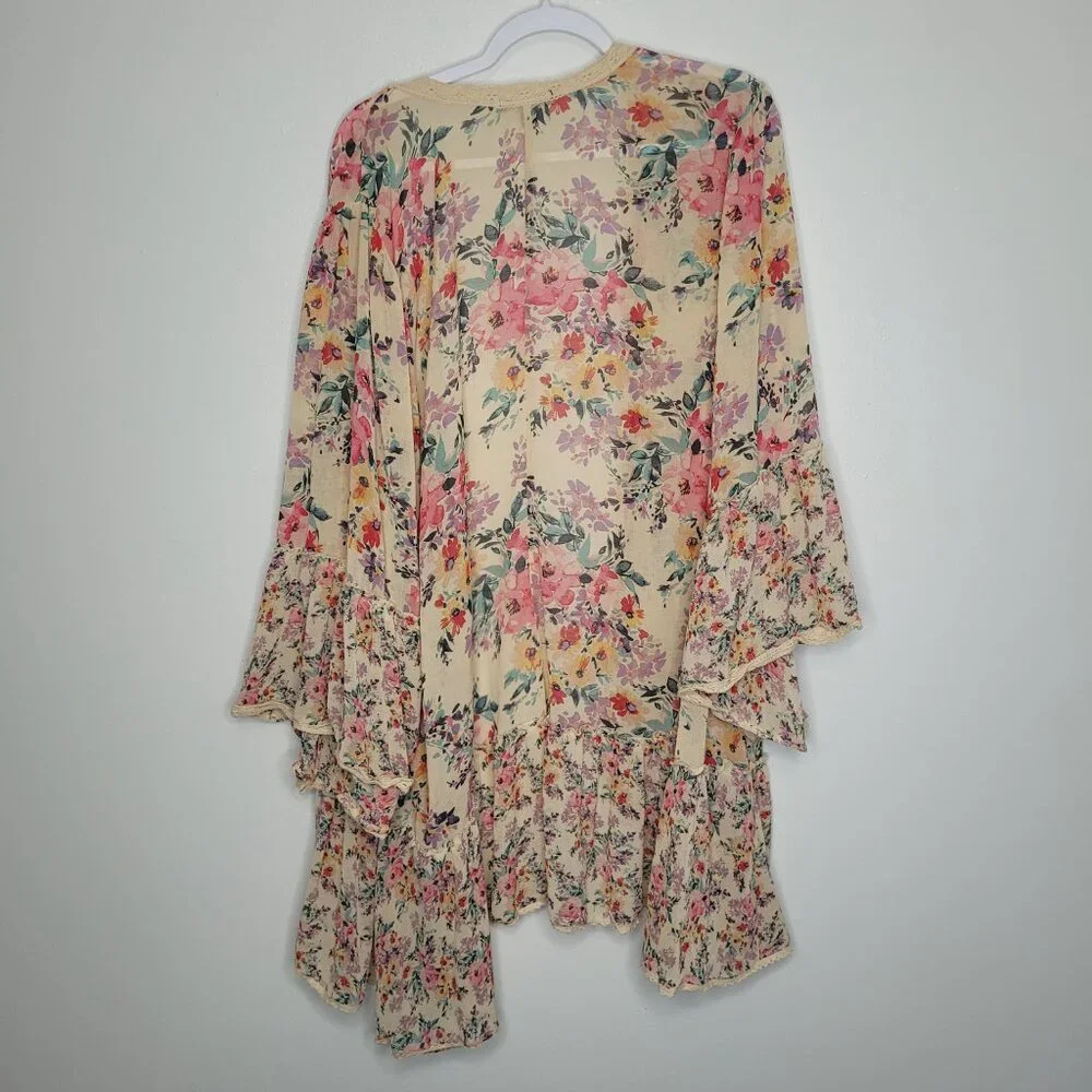 Torrid Ruffle Kimono Chiffon Floral Tan boho cover up beachy vacation size 4x - Picture 4 of 9